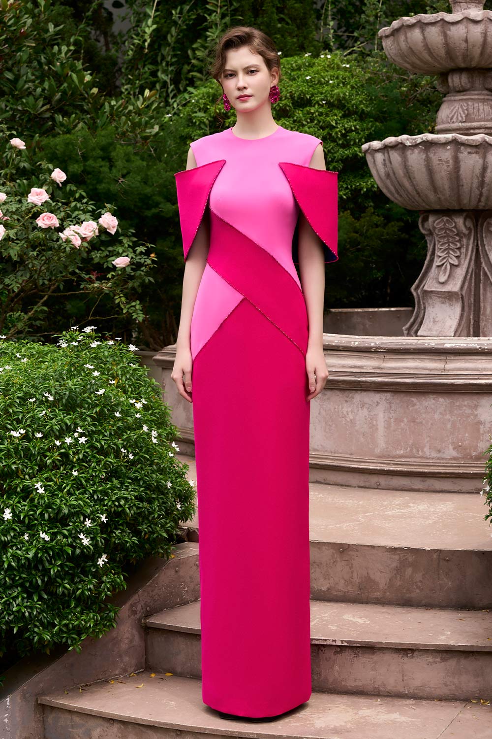 London Sheath Cold Shoulder Sleeved Crepe Floor Length Dress