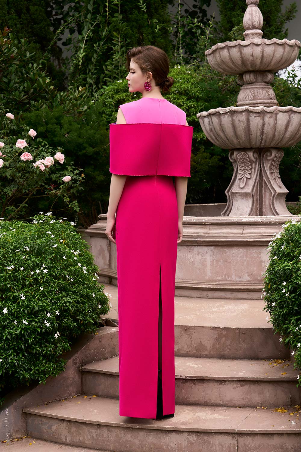 London Sheath Cold Shoulder Sleeved Crepe Floor Length Dress