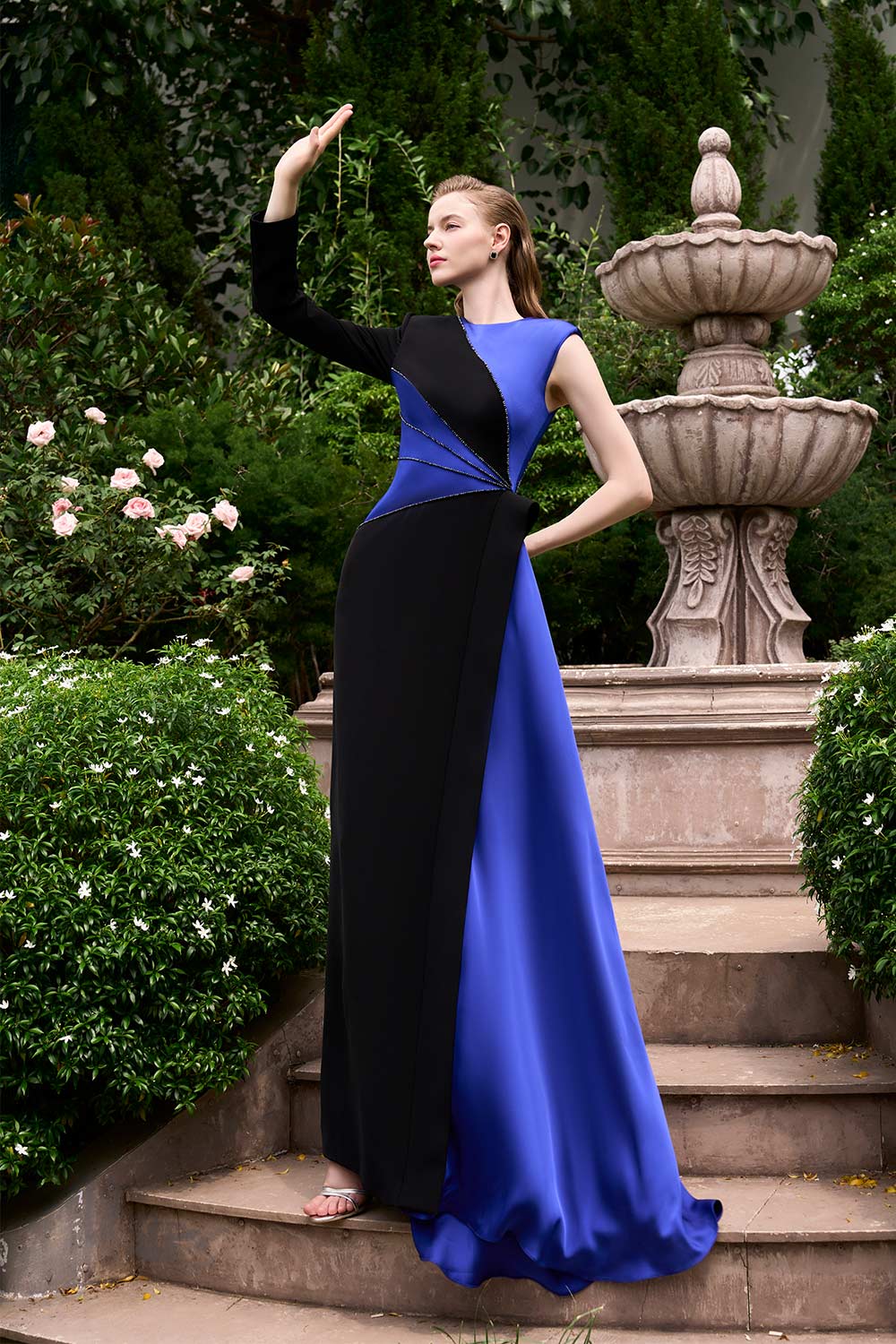 Bailey Asymmetric Extended Flap Silk Crepe Floor Length Dress