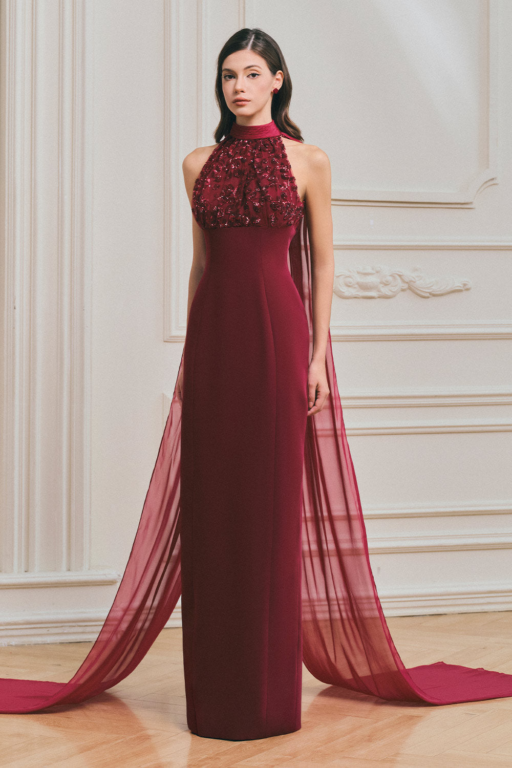 Burgendy Sheath Symmetric Flap Crepe Maxi Dress Burgundy / M