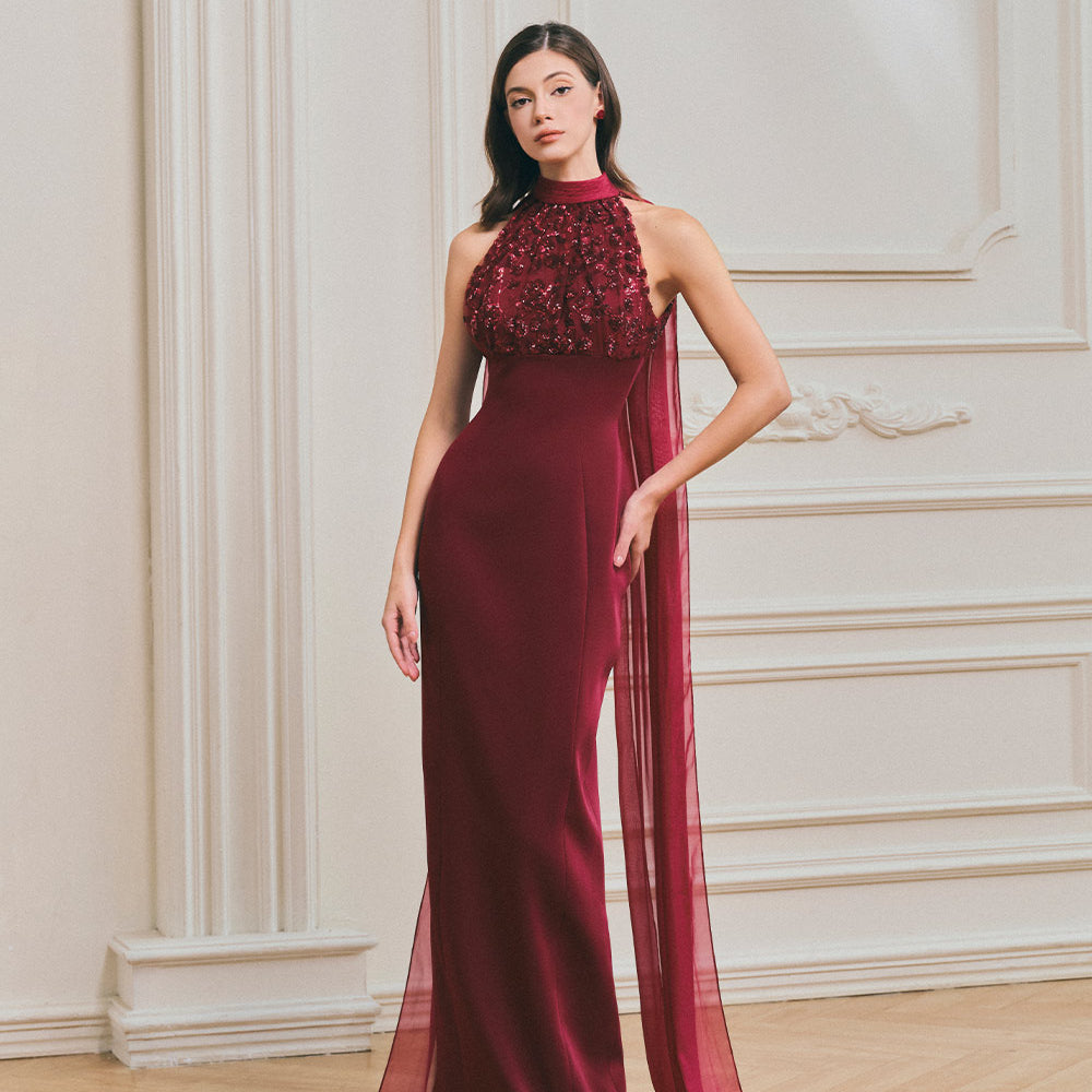 Burgendy Sheath Symmetric Flap Crepe Maxi Dress