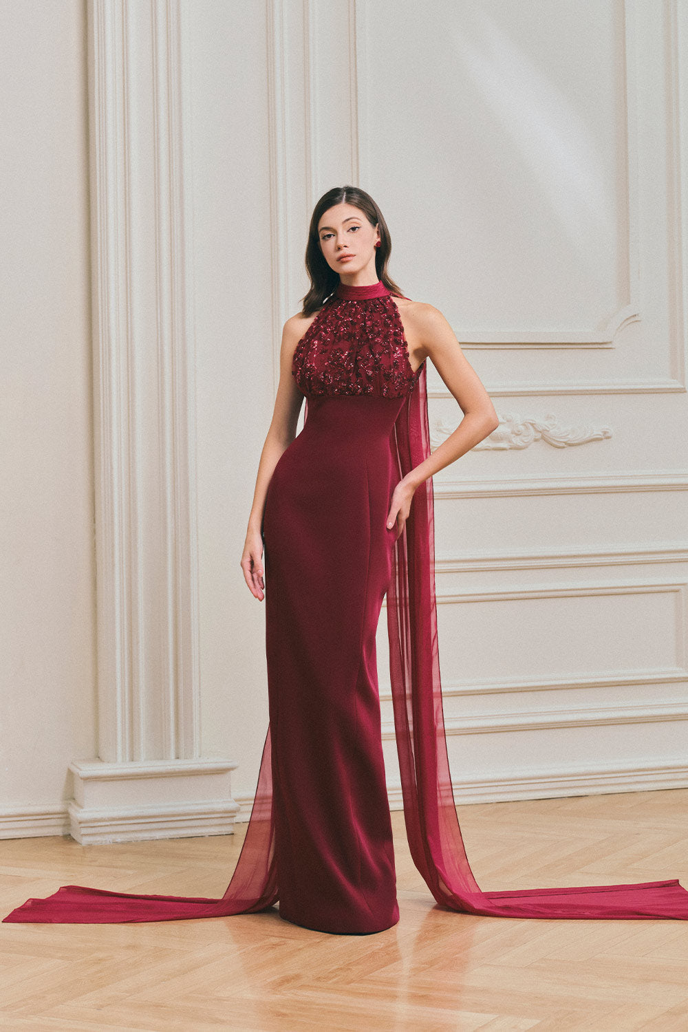 Burgendy Sheath Symmetric Flap Crepe Maxi Dress