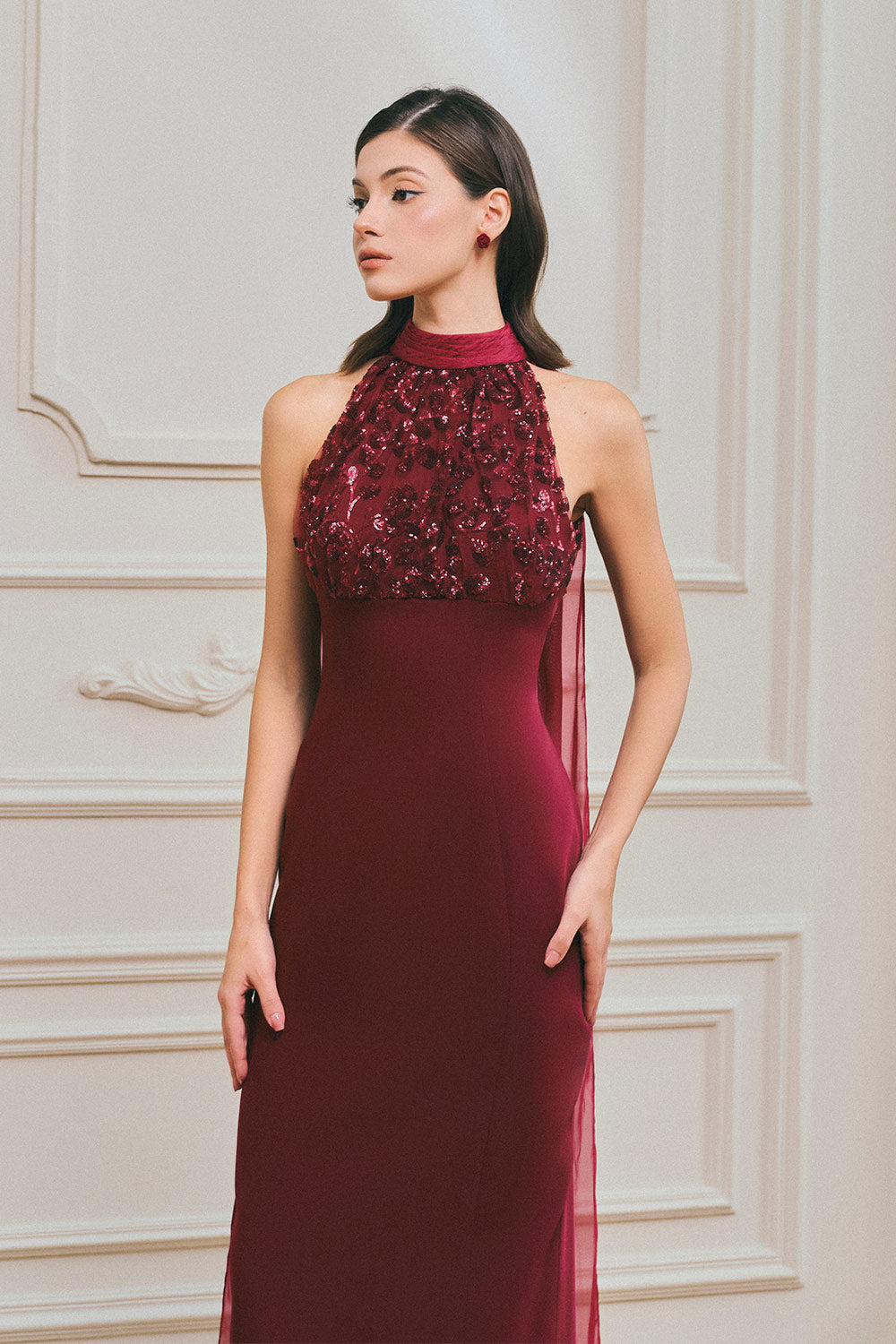 Burgendy Sheath Symmetric Flap Crepe Maxi Dress