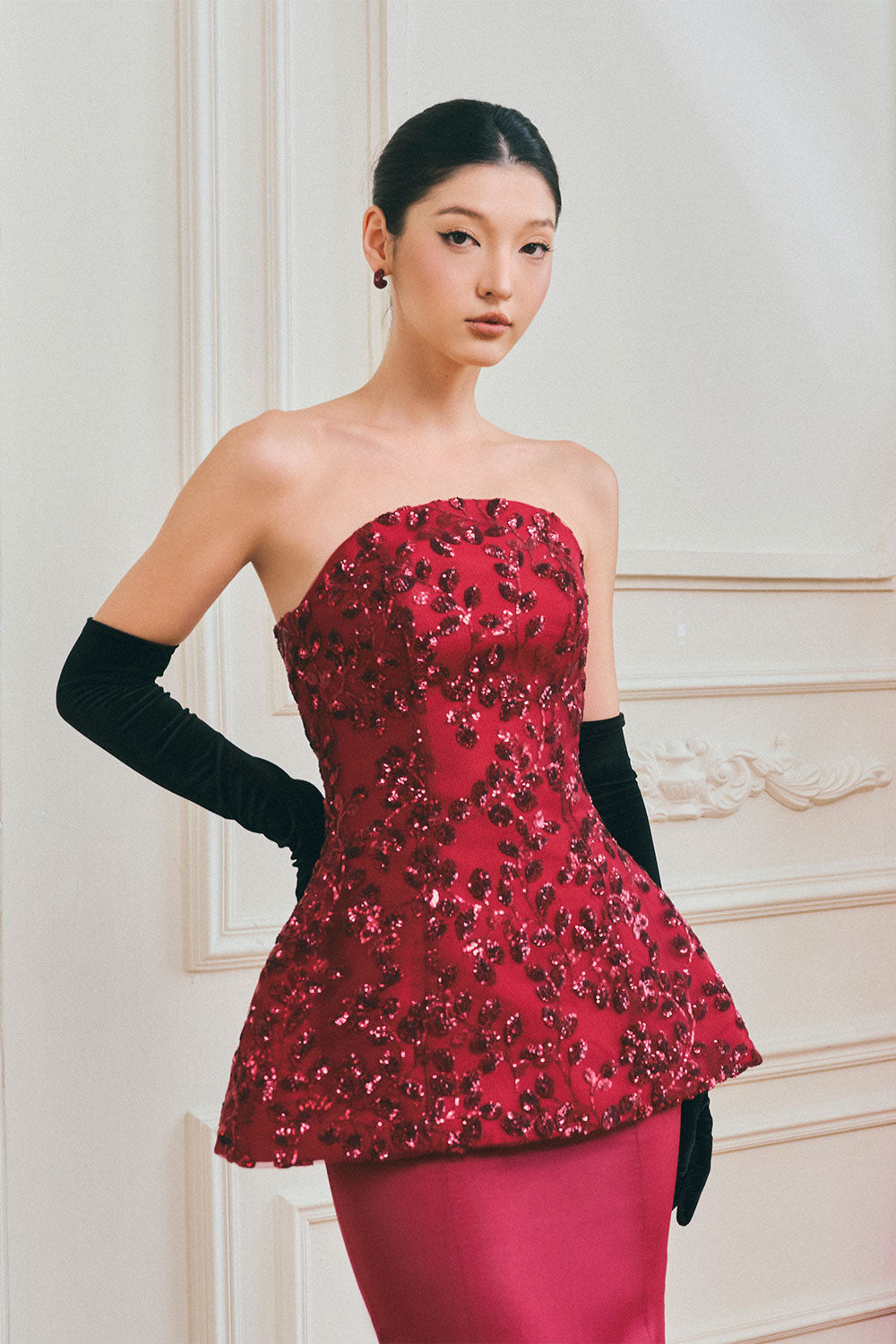 Solène Peplum Curved Neck Taffeta Maxi Set