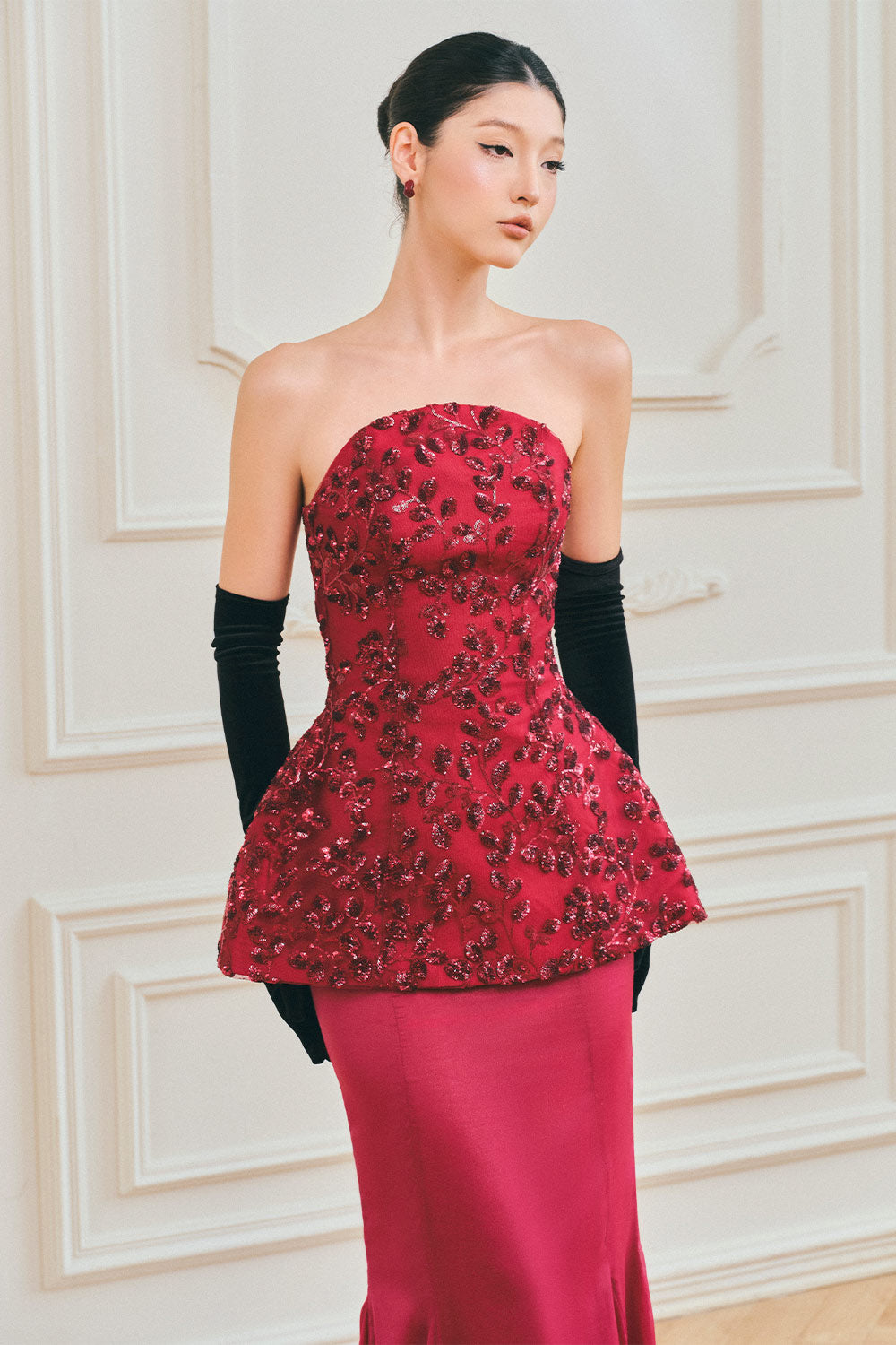 Solène Peplum Curved Neck Taffeta Maxi Set