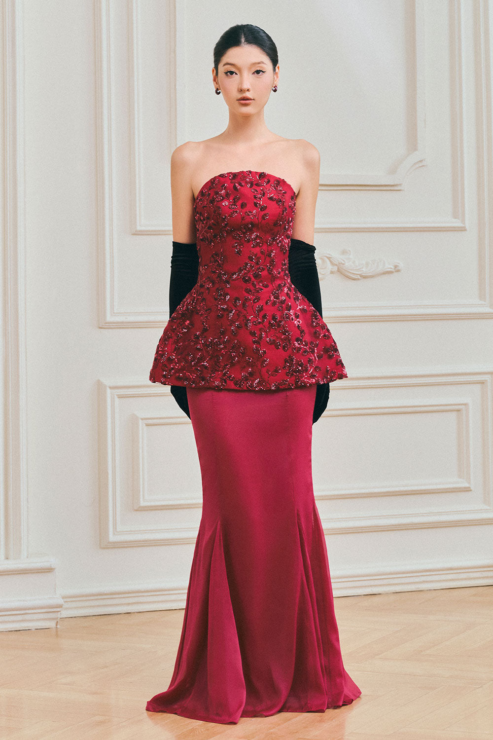 Solène Peplum Curved Neck Taffeta Maxi Set