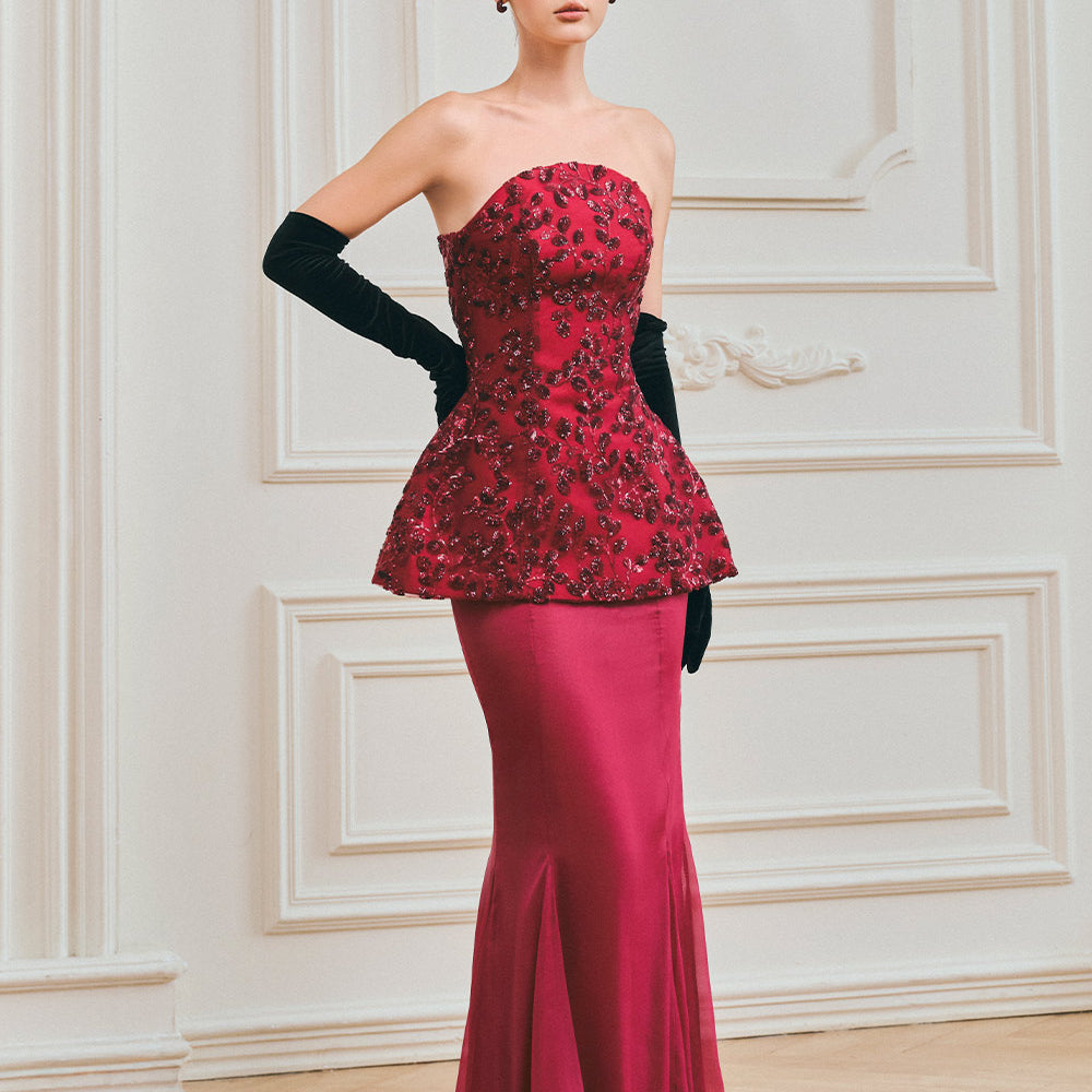 Solène Peplum Curved Neck Taffeta Maxi Set