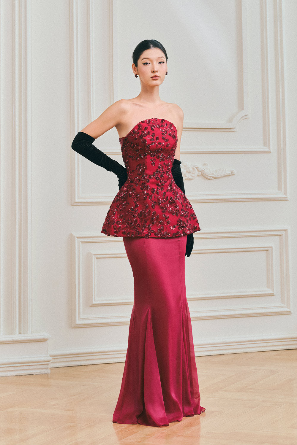 Women's Solène Peplum Curved Neck Taffeta Maxi Set XS/S/M/L/XL/XXL/Customize Bordeaux Mean Blvd Bordeaux / XL