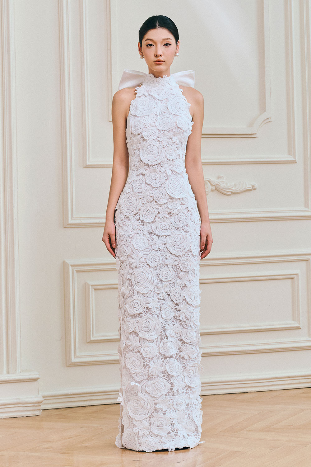 Haper Sheath Halter Neck Lace Maxi Dress