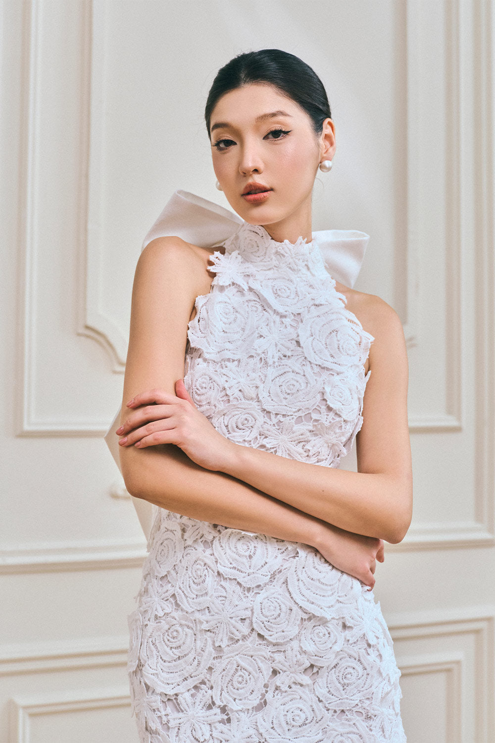 Haper Sheath Halter Neck Lace Maxi Dress