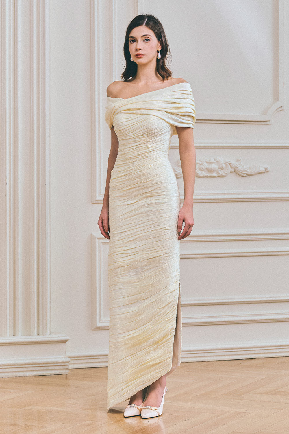 cream silk maxi dress Women's Eveline Sheath Asymmetric Sleeved Silk Maxi Dress XS/S/M/L/XL/XXL/Customize Cream Pearl MEAN BLVD Cream Pearl / XXL