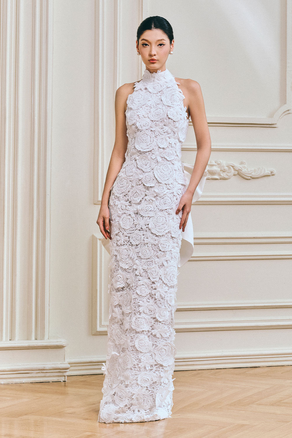 Roses Sheath Bow Lace Maxi Dress