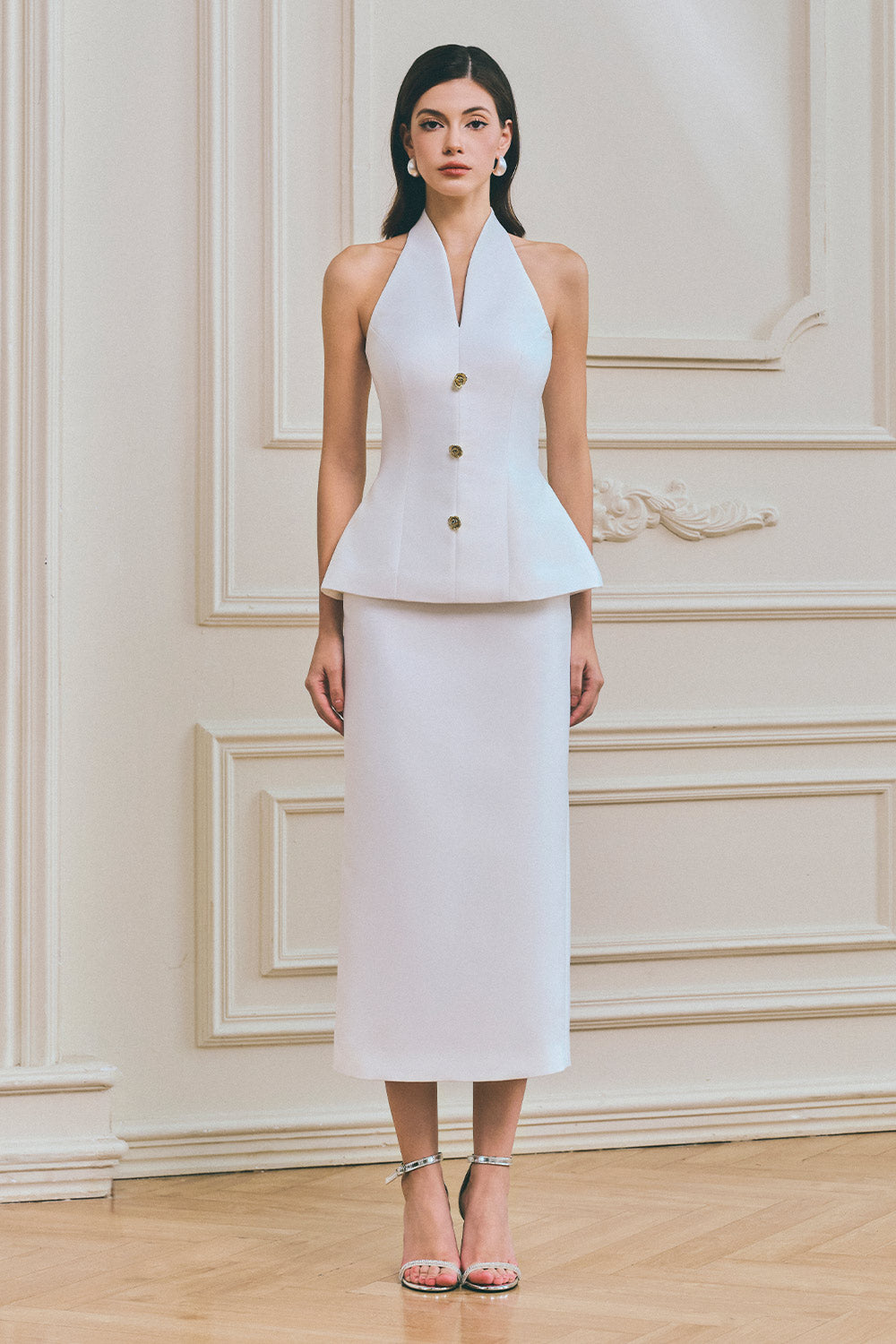 Joise Peplum Halter Neck Taffeta Midi Set