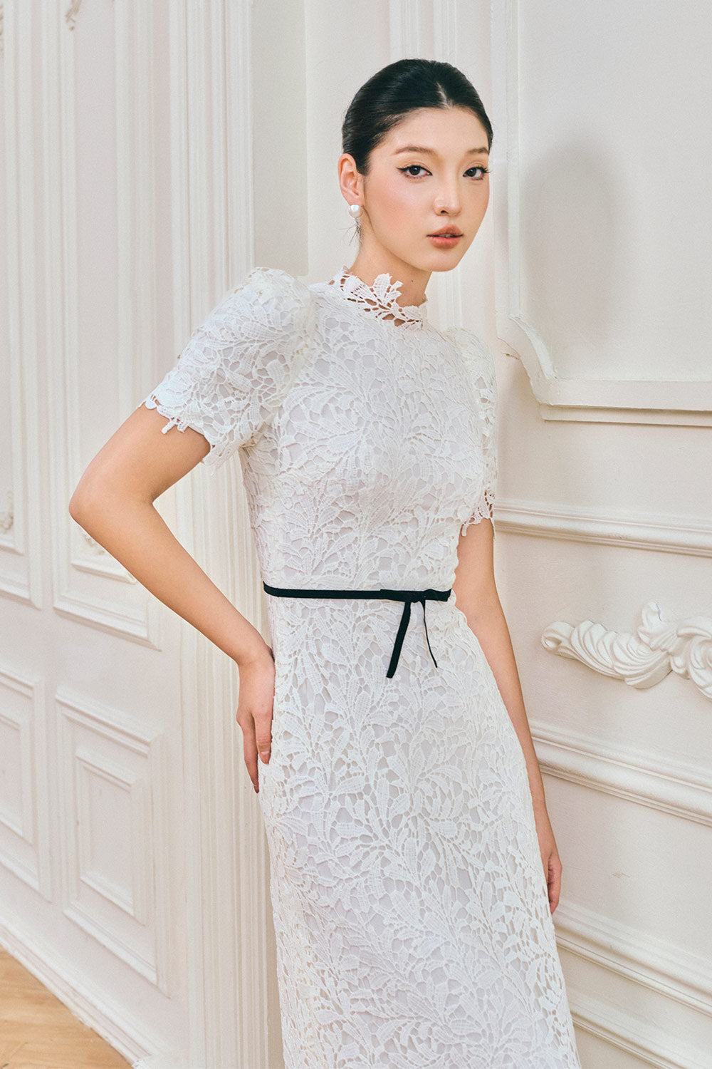 Women's Hazel A-line Mock Neck Lace Maxi Dress XS/S/M/L/XL/XXL/Customize White MEAN BLVD White / XS Women's Hazel A-line Mock Neck Lace Maxi Dress XS/S/M/L/XL/XXL/Customize White MEAN BLVD White / XS