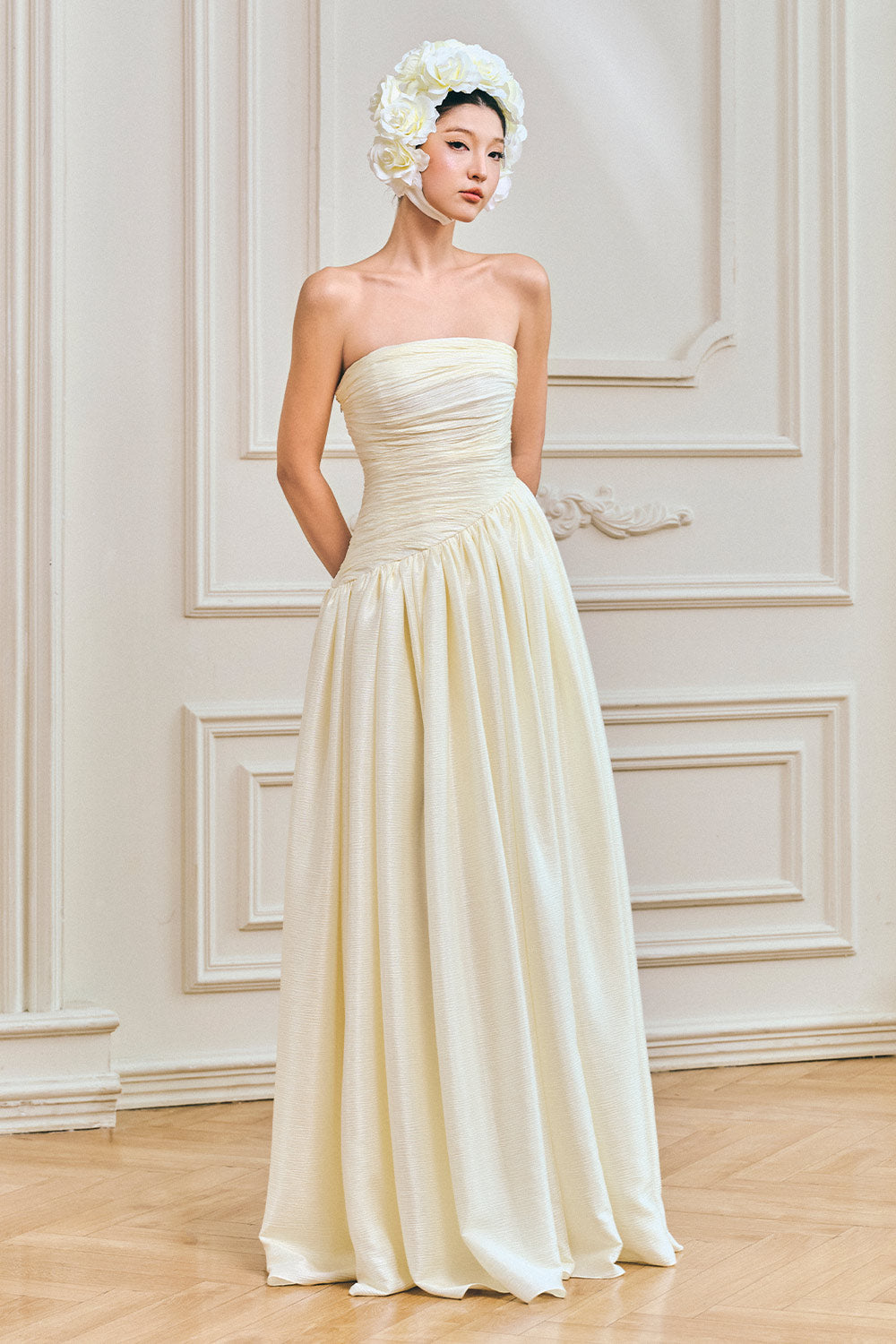 Vivienne A-line Straight Across Neck Silk Maxi Dress Cream / XXL