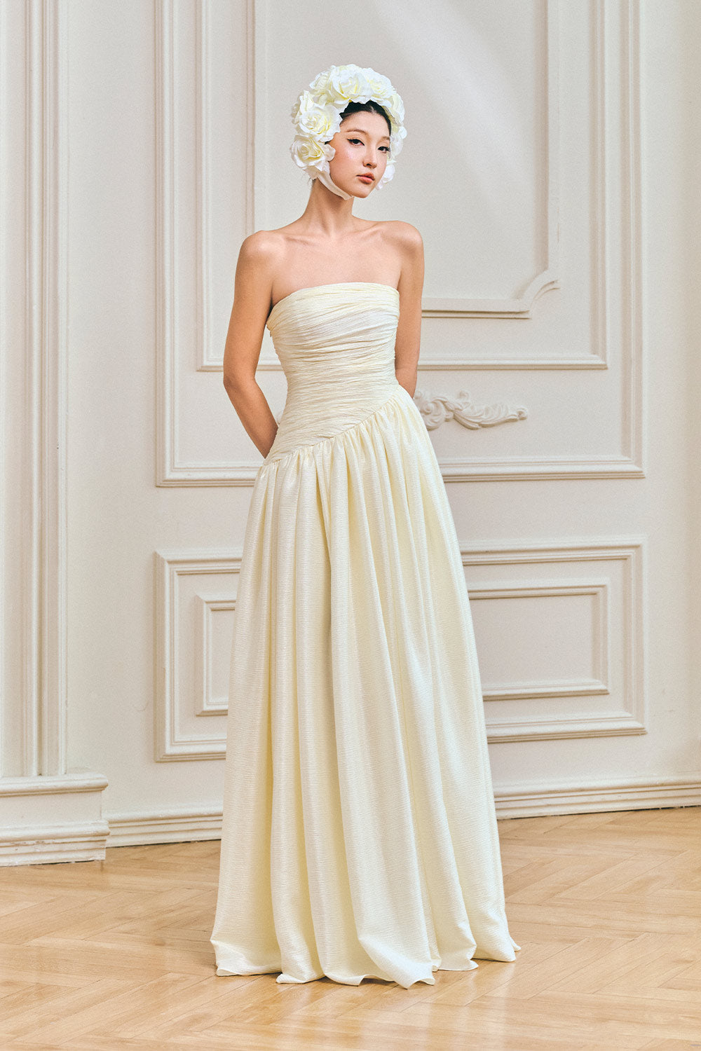 Vivienne A-line Straight Across Neck Silk Maxi Dress