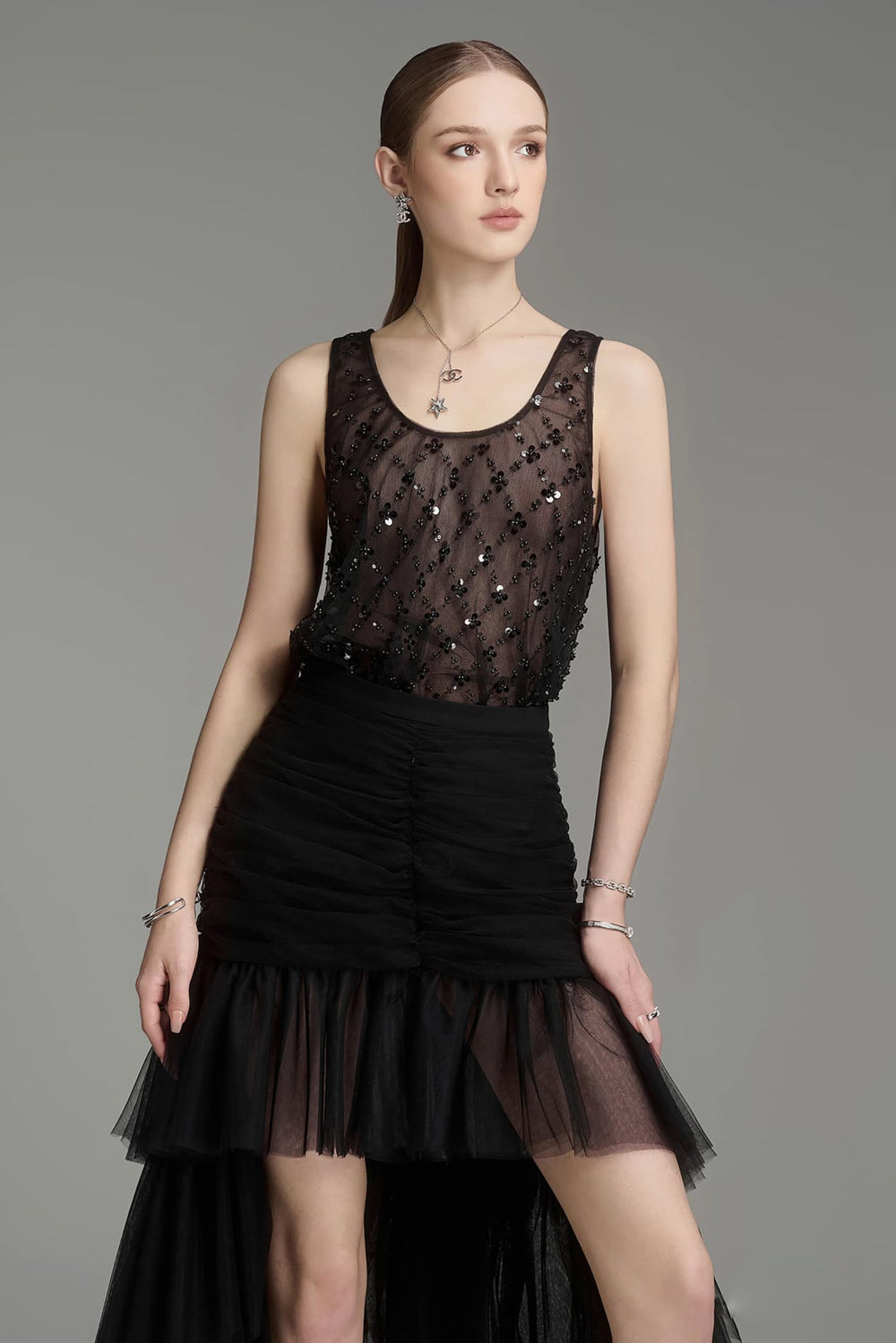 Maris Straight Scoop Neck Tulle Top