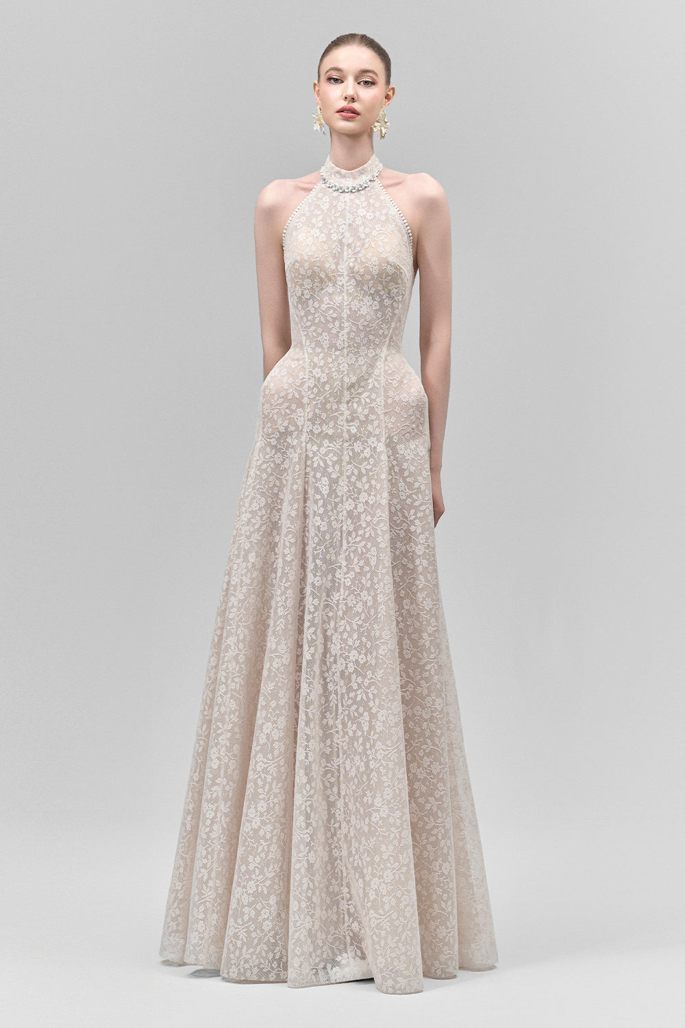 Aurelia A-line Halter Neck Lace Floor Length Dress