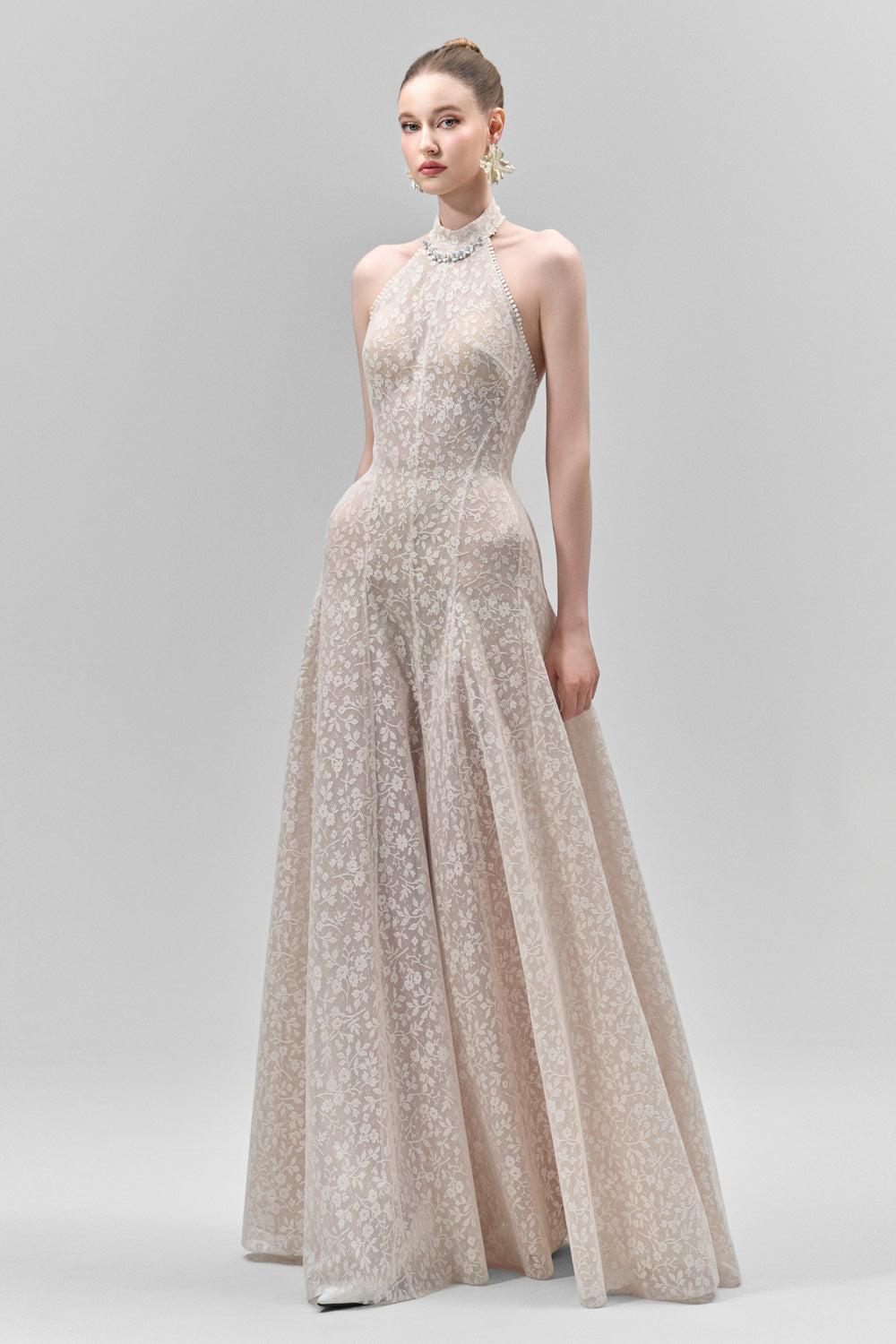 Aurelia A-line Halter Neck Lace Floor Length Dress