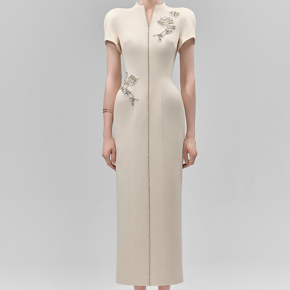 Elysia Sheath Mandarin Collar Crepe Calf Length Dress