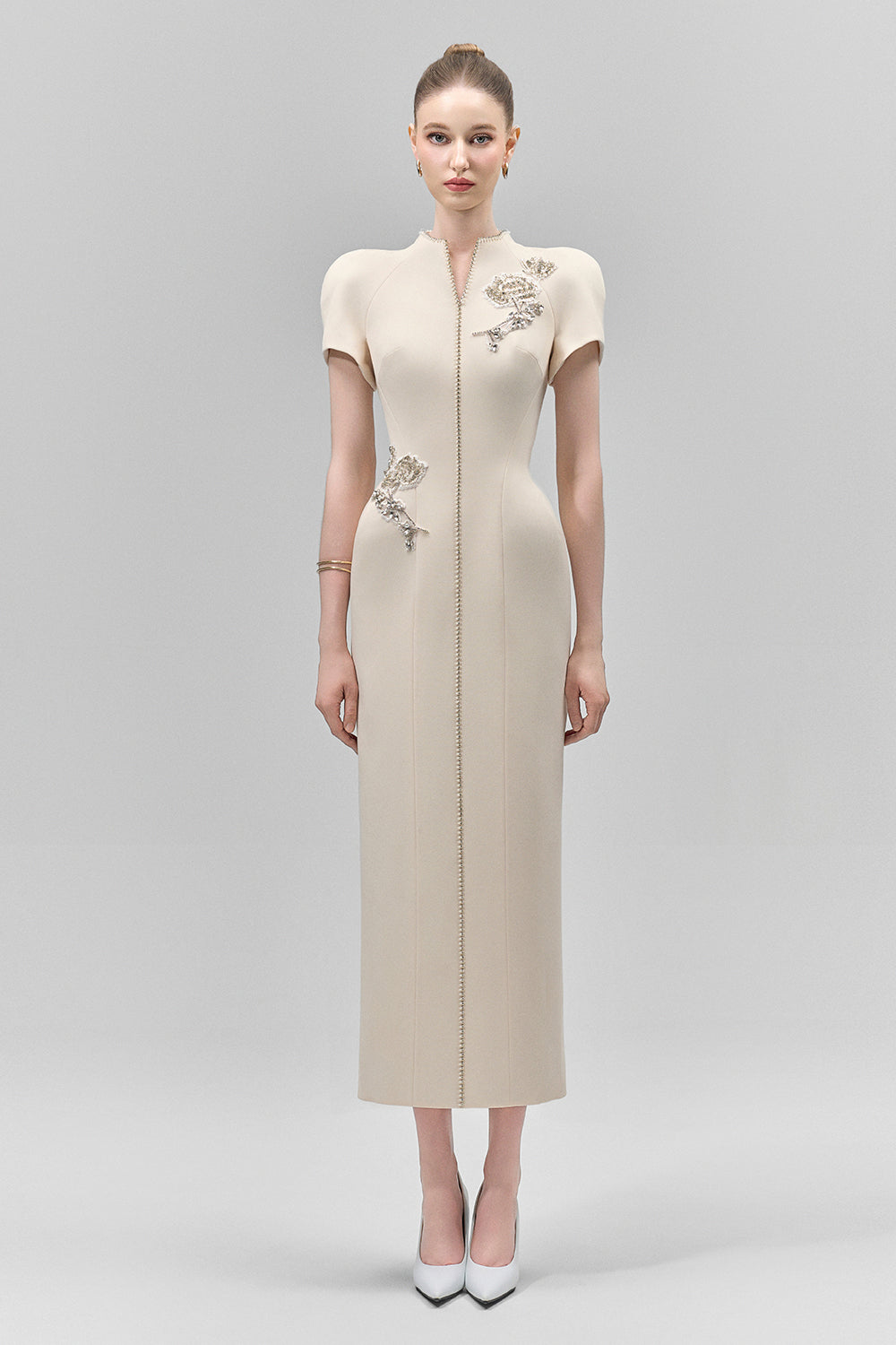 Elysia Sheath Mandarin Collar Crepe Calf Length Dress