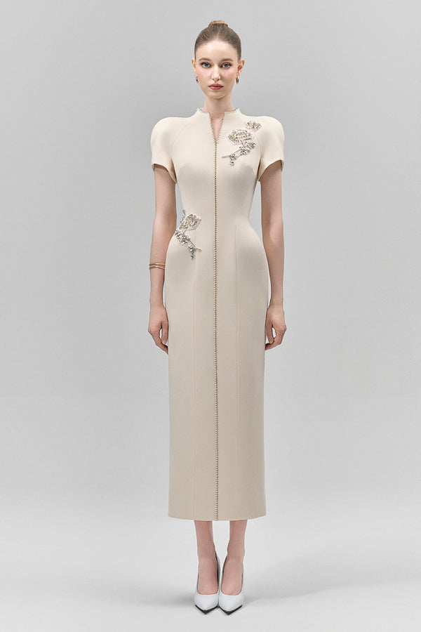 Elysia Sheath Mandarin Collar Crepe Calf Length Dress