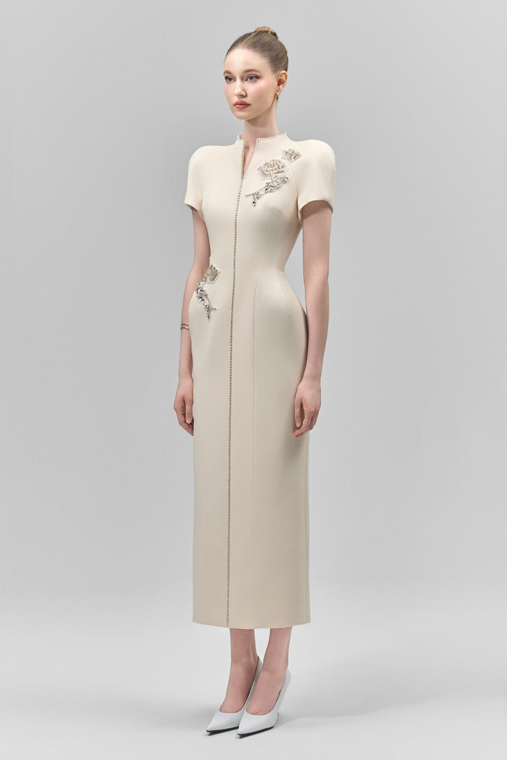 Elysia Sheath Mandarin Collar Crepe Calf Length Dress