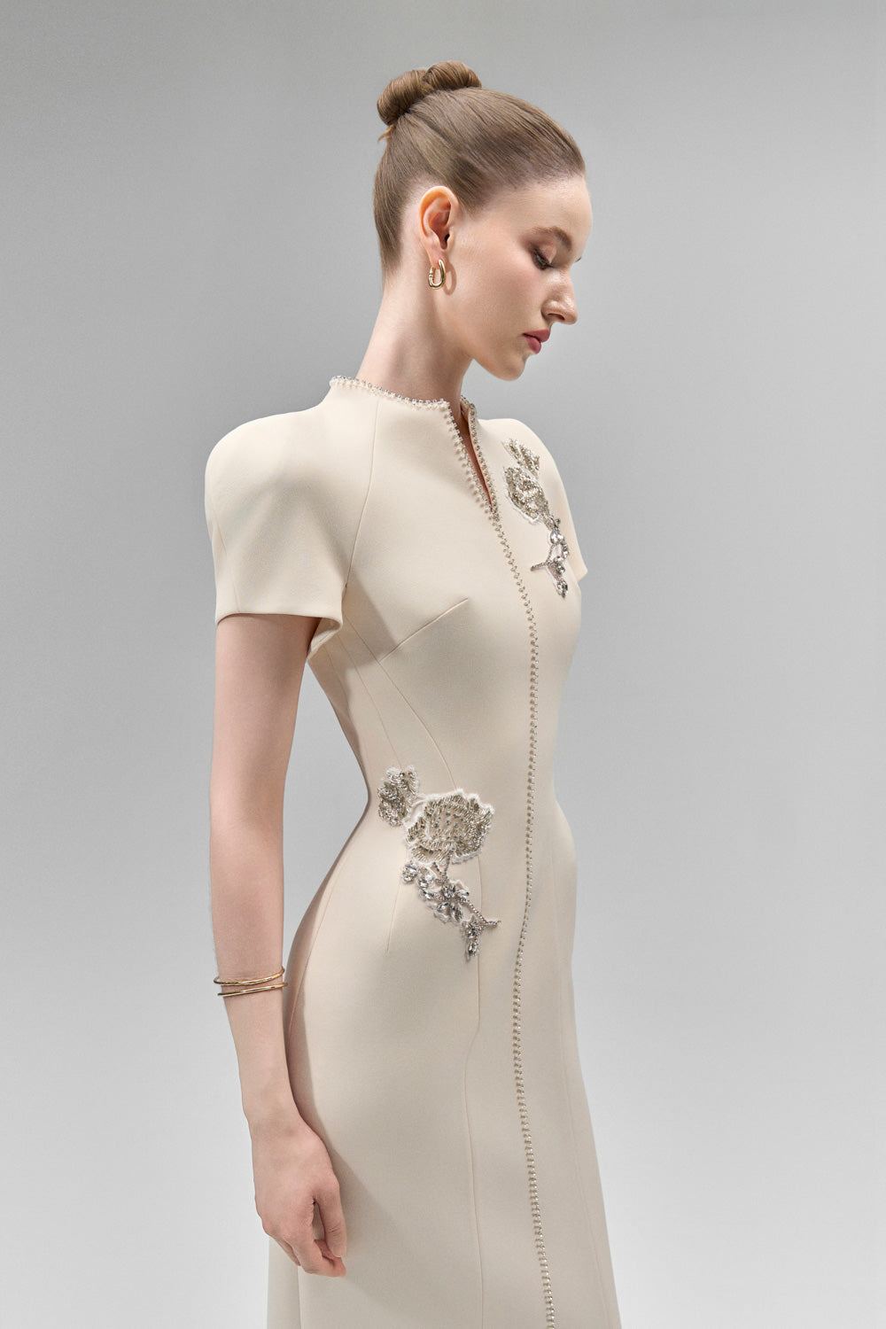 Elysia Sheath Mandarin Collar Crepe Calf Length Dress