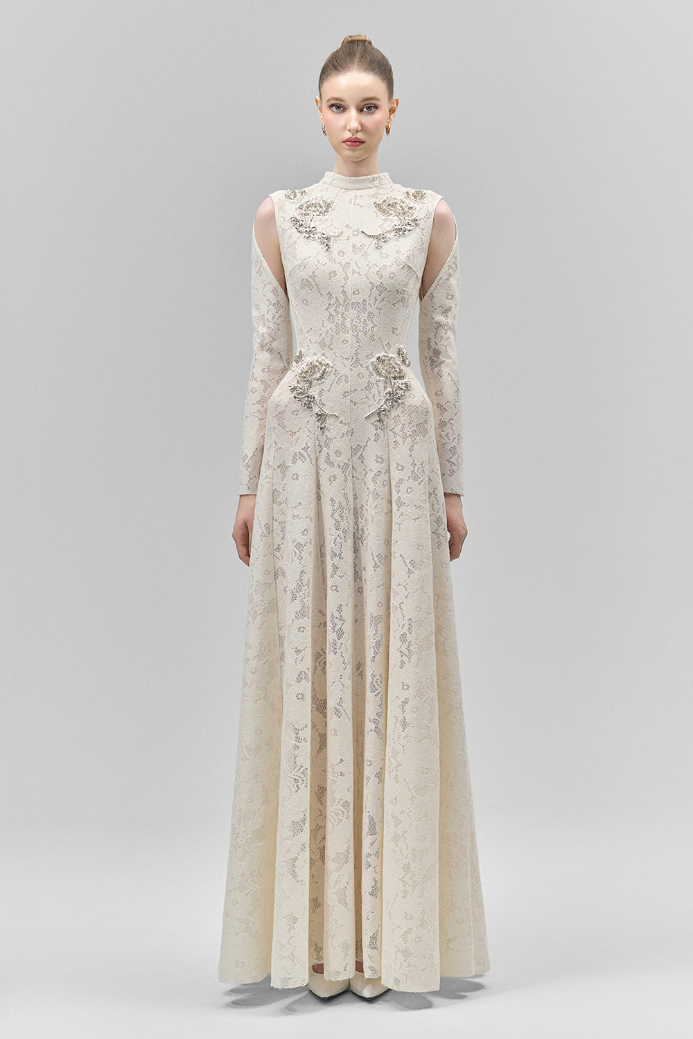 Celestine A-line Cold Shoulder Sleeved Lace Floor Length Dress