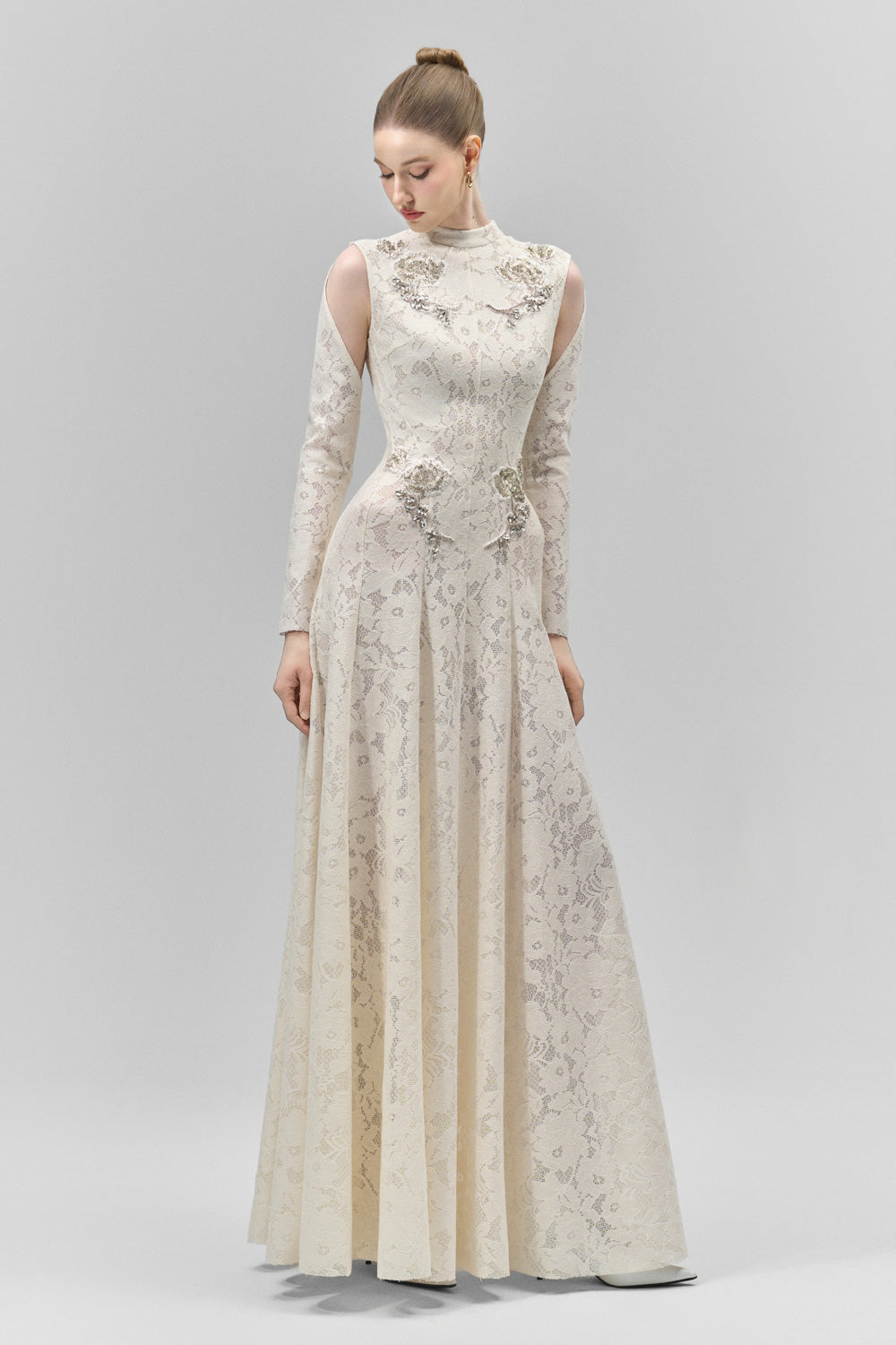 Celestine A-line Cold Shoulder Sleeved Lace Floor Length Dress