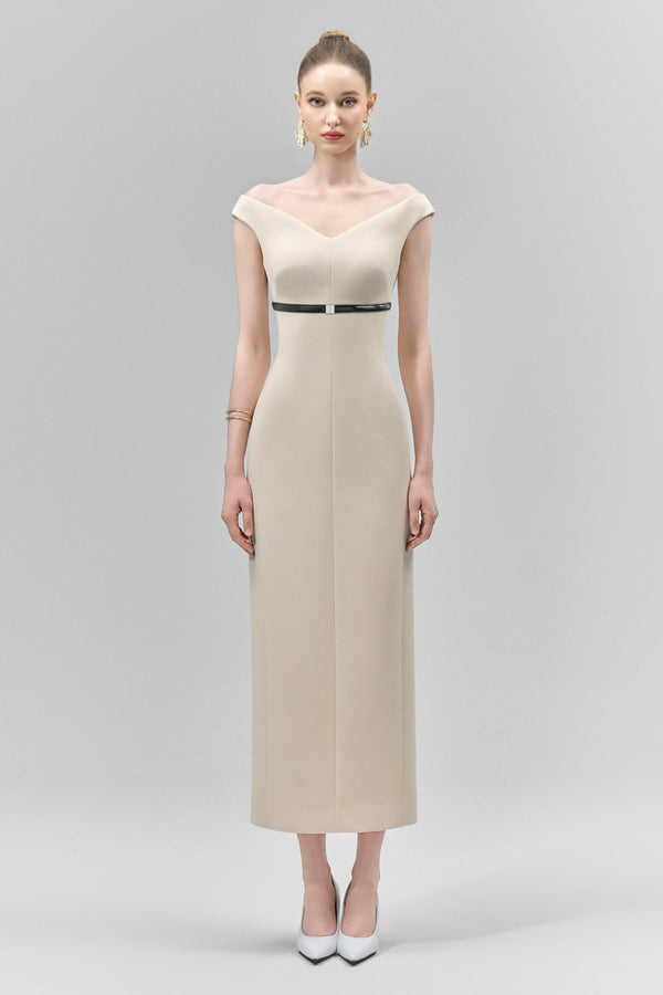 Ismera Sheath V-Neck Crepe Calf Length Dress