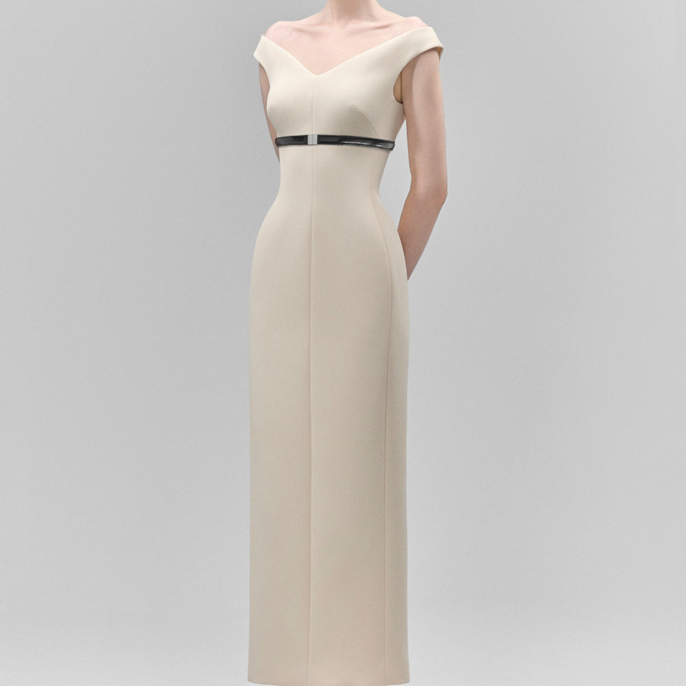 Ismera Sheath V-Neck Crepe Calf Length Dress