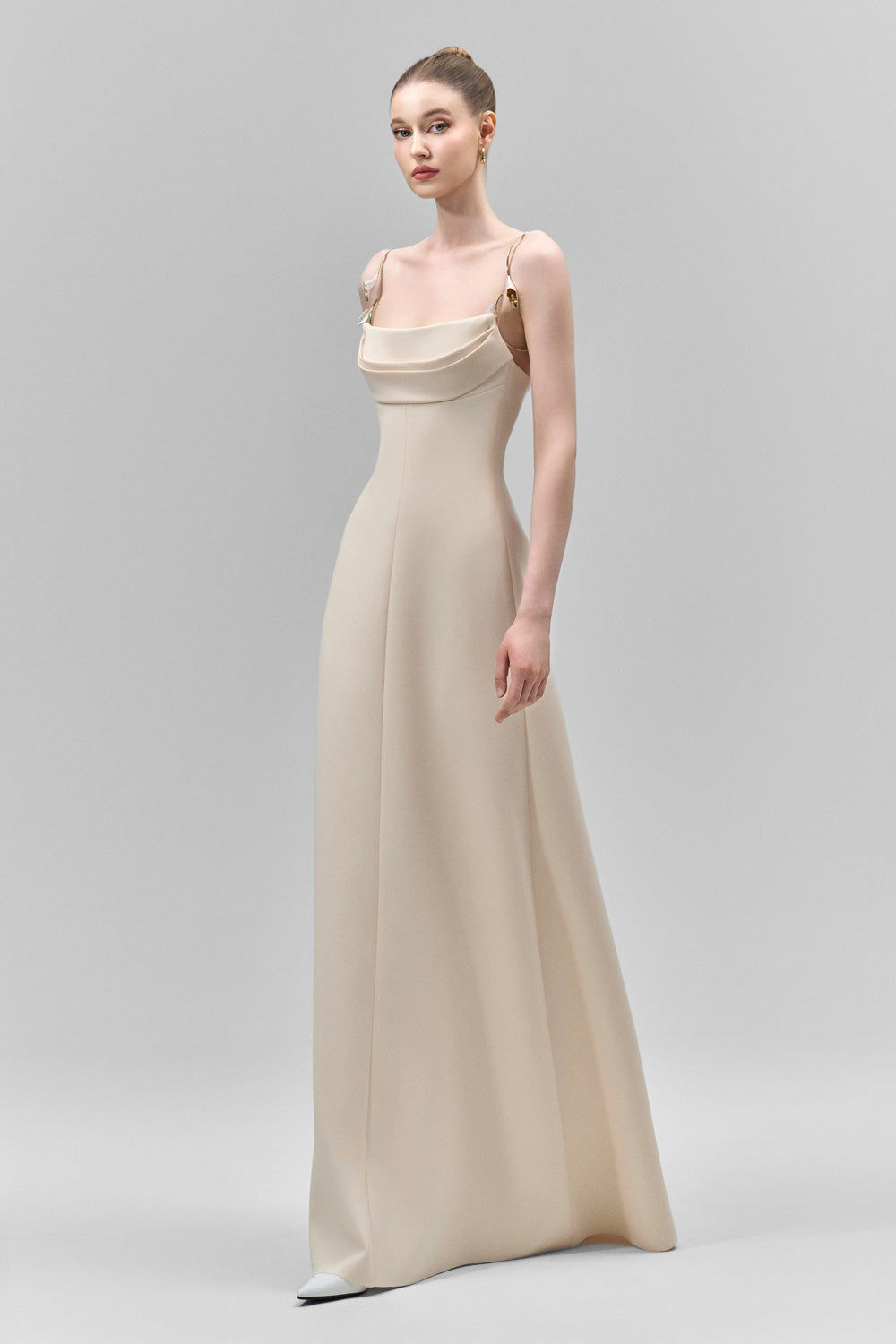 Lirien A-line Cowl Neck Crepe Floor Length Dress