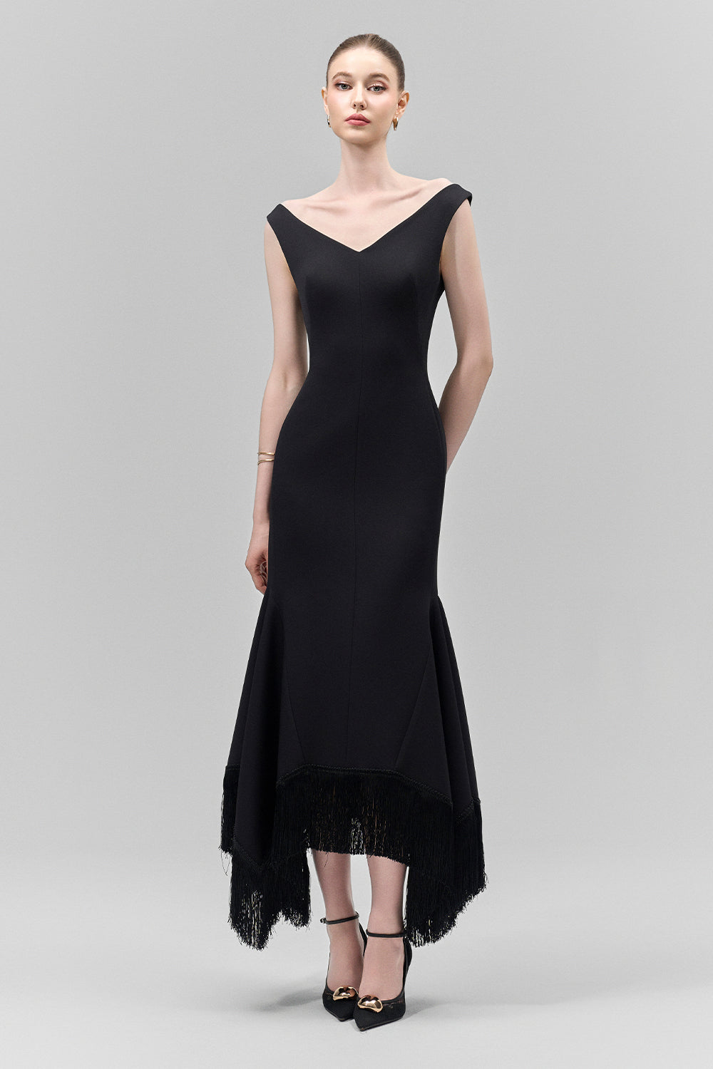 Women's Amarae Mermaid V-Neck Crepe Calf Length Dress S/M/L/XL/Customize Black MEAN BLVD Women's Amarae Mermaid V-Neck Crepe Calf Length Dress S/M/L/XL/Customize Black MEAN BLVD