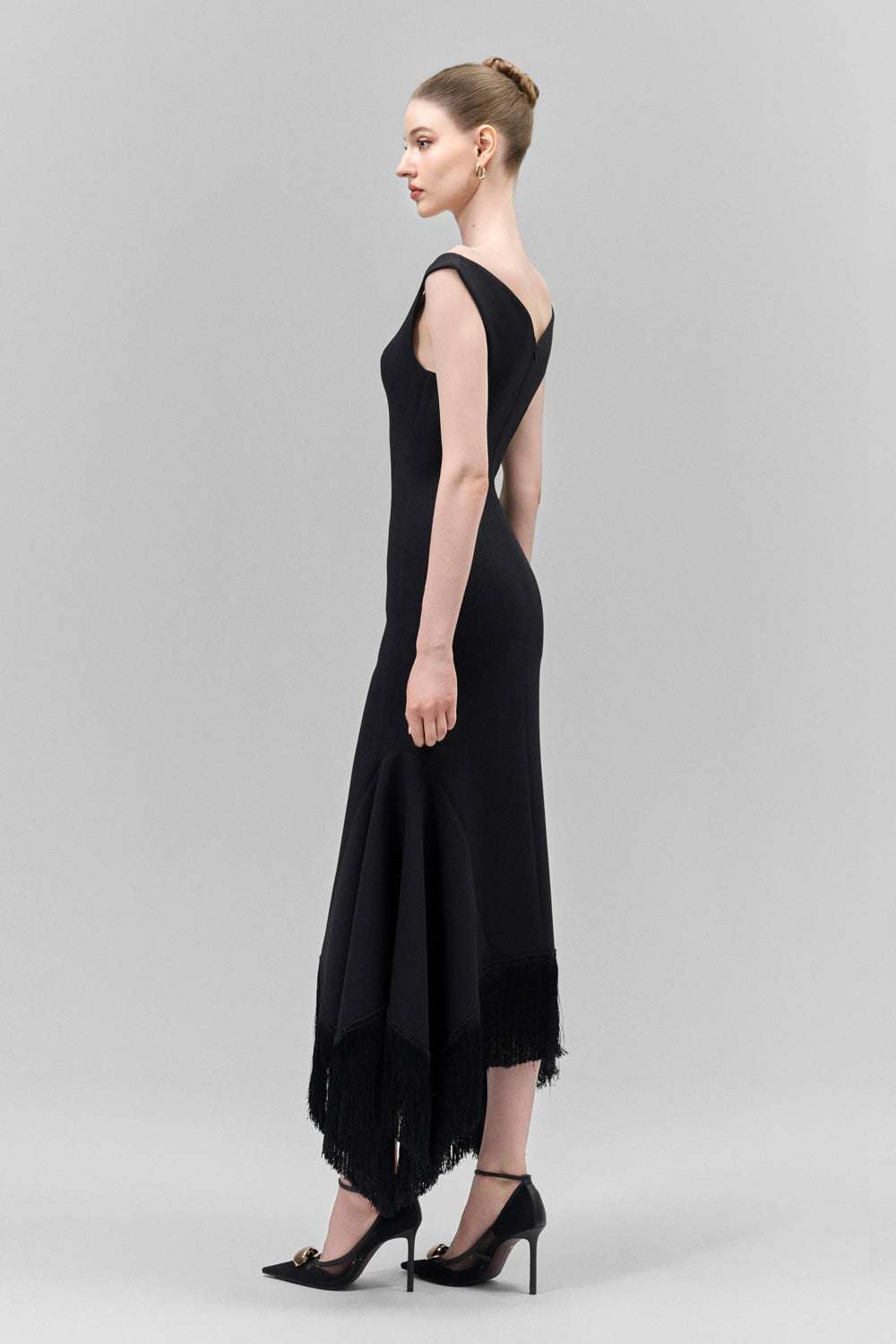 Amarae Mermaid V-Neck Crepe Calf Length Dress