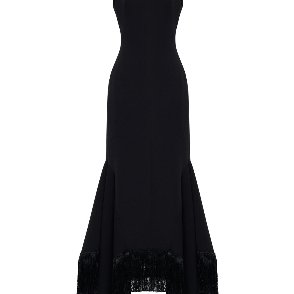 Amarae Mermaid V-Neck Crepe Calf Length Dress
