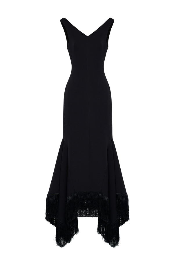 Amarae Mermaid V-Neck Crepe Calf Length Dress