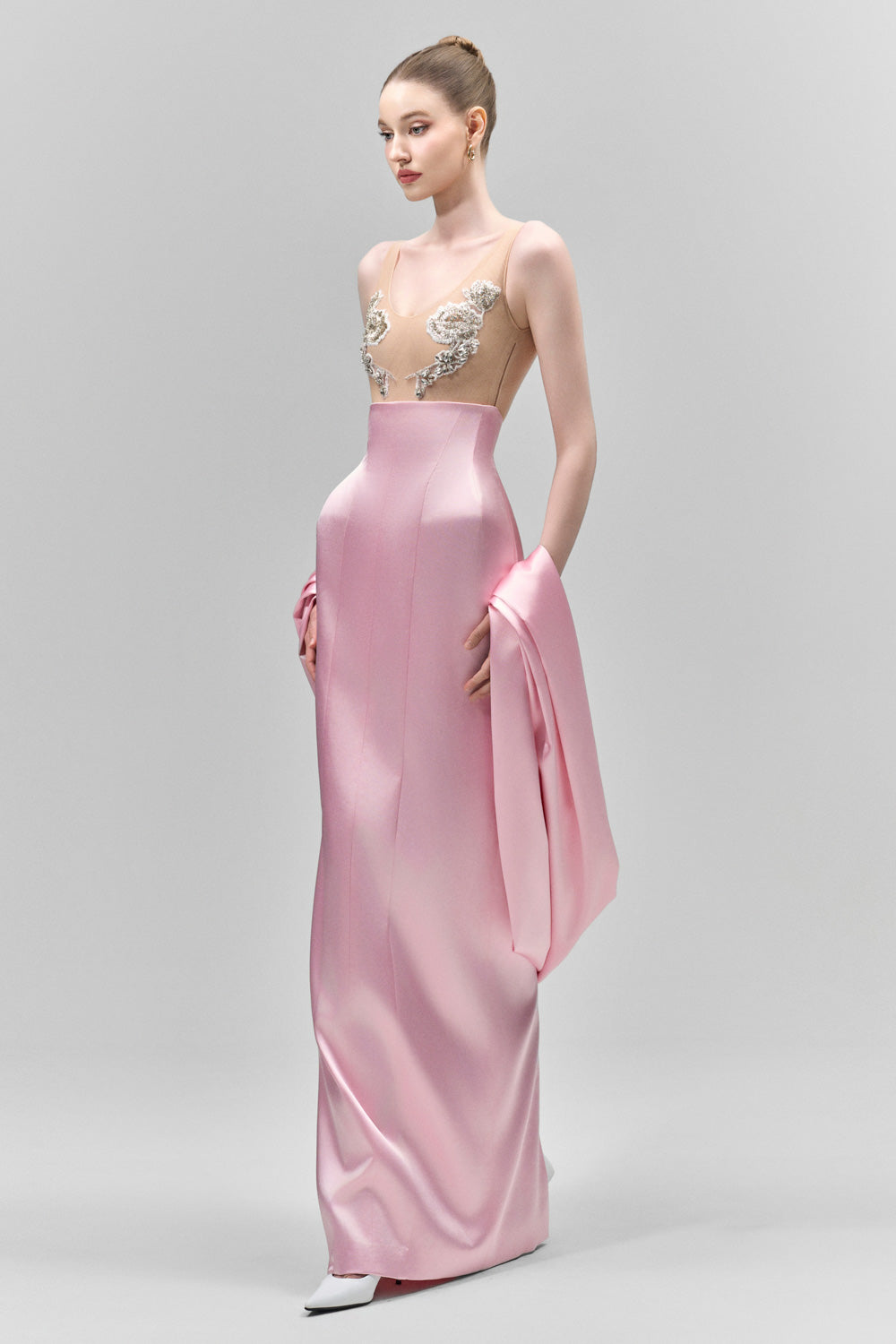 thalia pink dress Women's Thalia Pleated Halter Neck Organza Ankle Length Dress S/M/L Ombre/White/Pink MEAN BLVD Pink / L
