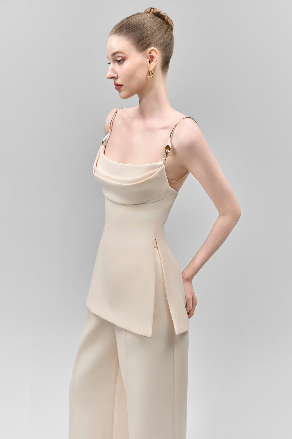 Veloria Peplum Spaghetti Strap Crepe Top