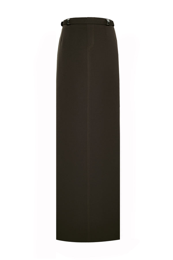 Sylvara Straight Belt Strap Crepe Floor Length Skirt