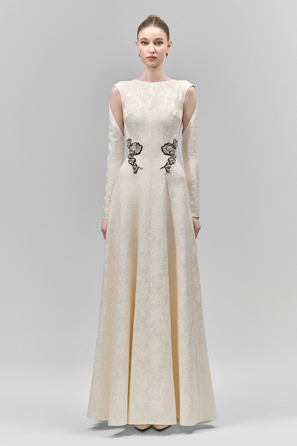 Velithia A-line Boat Neck Lace Floor Length Dress