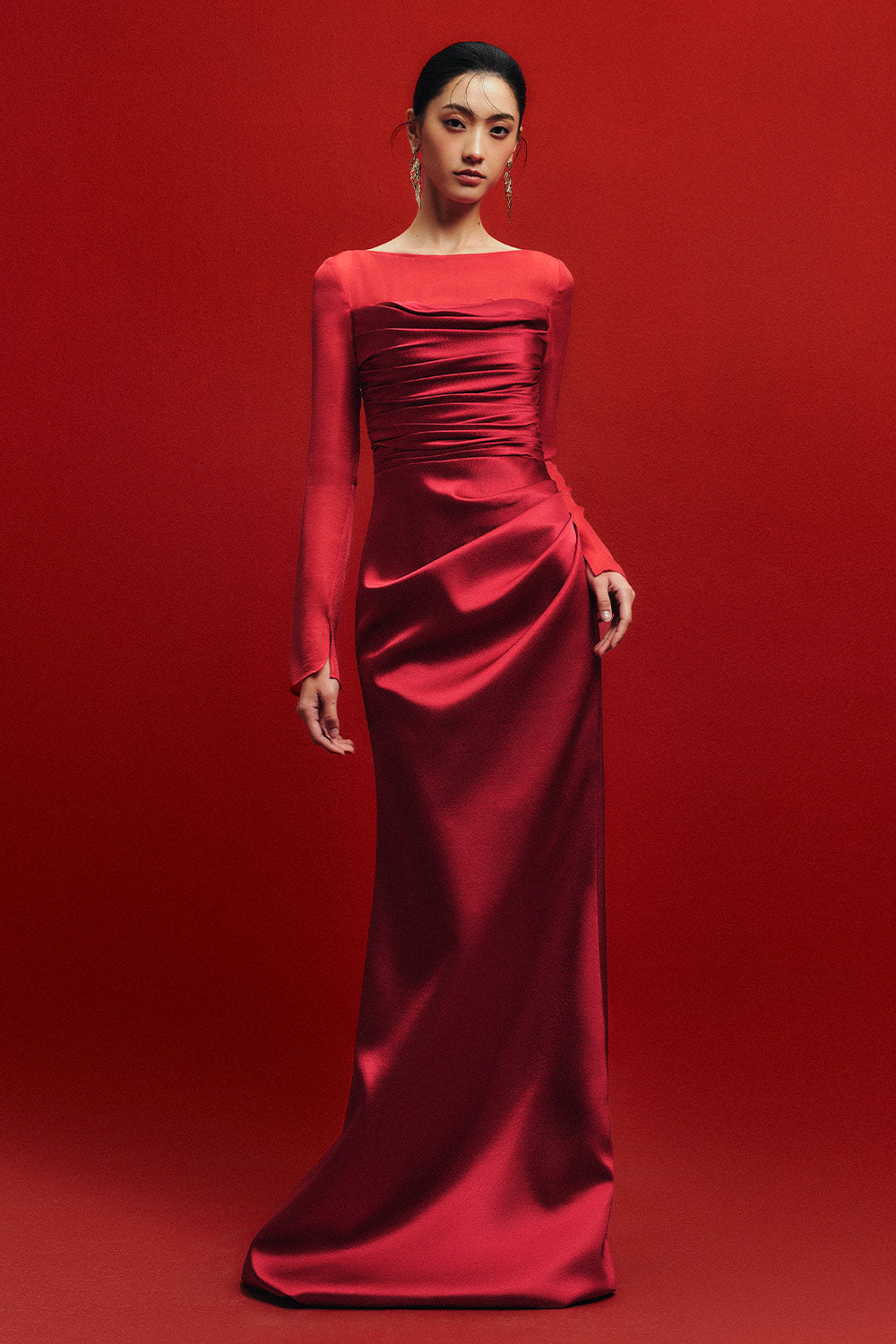 River Silk Sheath Boat Neck Taffeta Silk Floor Length Dress