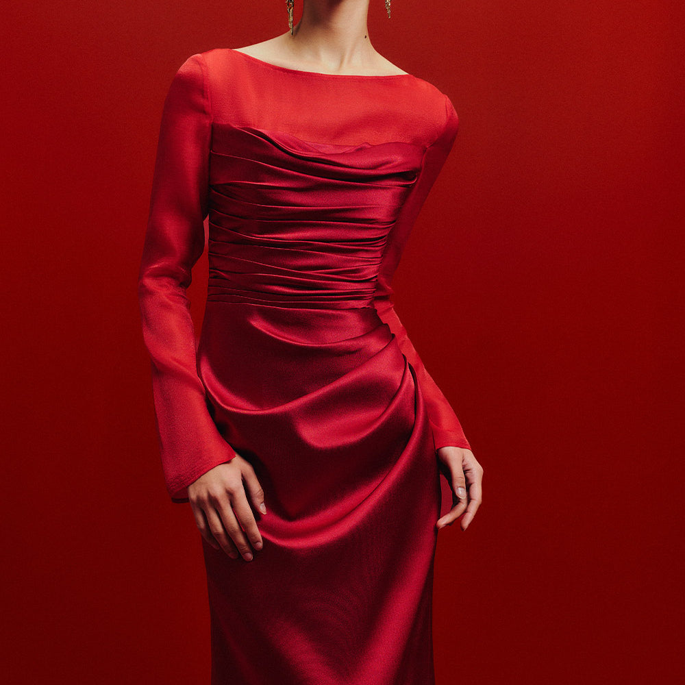 River Silk Sheath Boat Neck Taffeta Silk Floor Length Dress