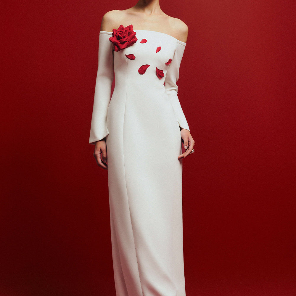 Deep Roses Sheath Flower Applique Twill Floor Length Dress
