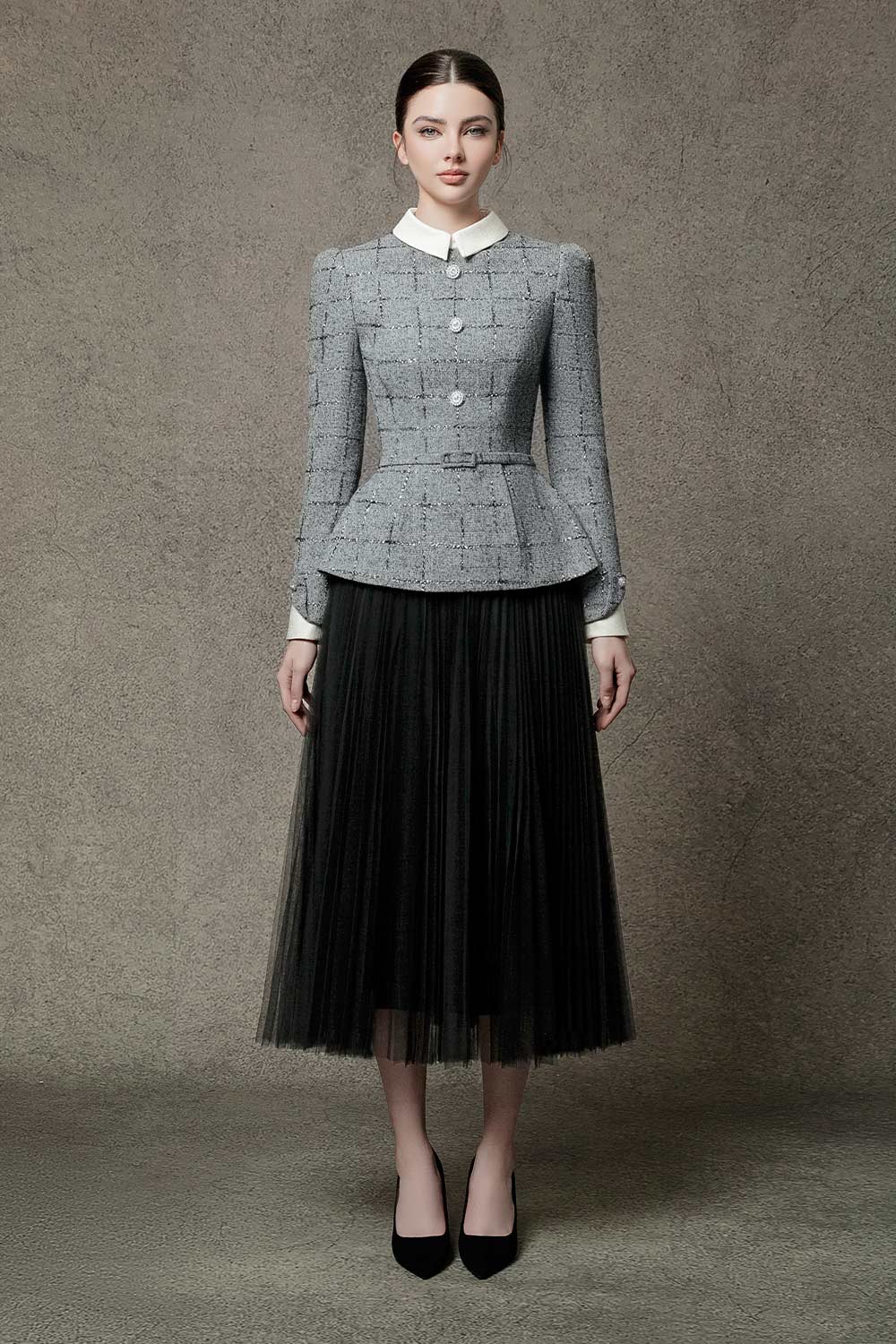 Marin Peplum Long Sleeved Tweed Top