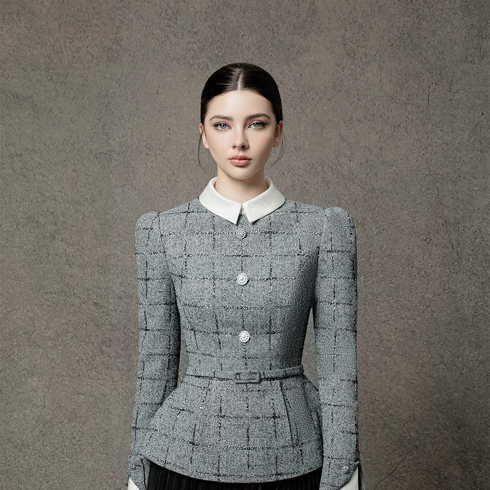 Marin Peplum Long Sleeved Tweed Top