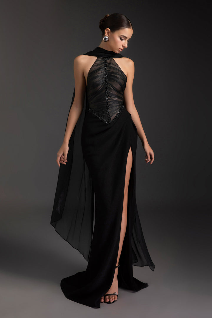 Marleigh Scarf Neck Rhinestone Maxi Dress - MEAN BLVD