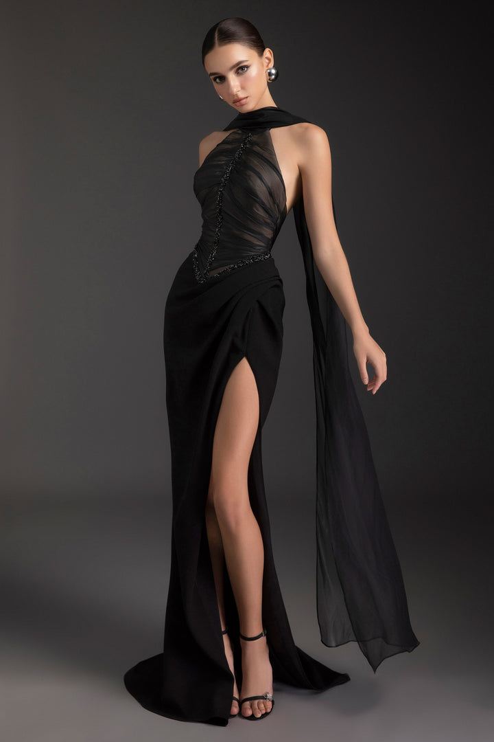 Marleigh Scarf Neck Rhinestone Maxi Dress - MEAN BLVD