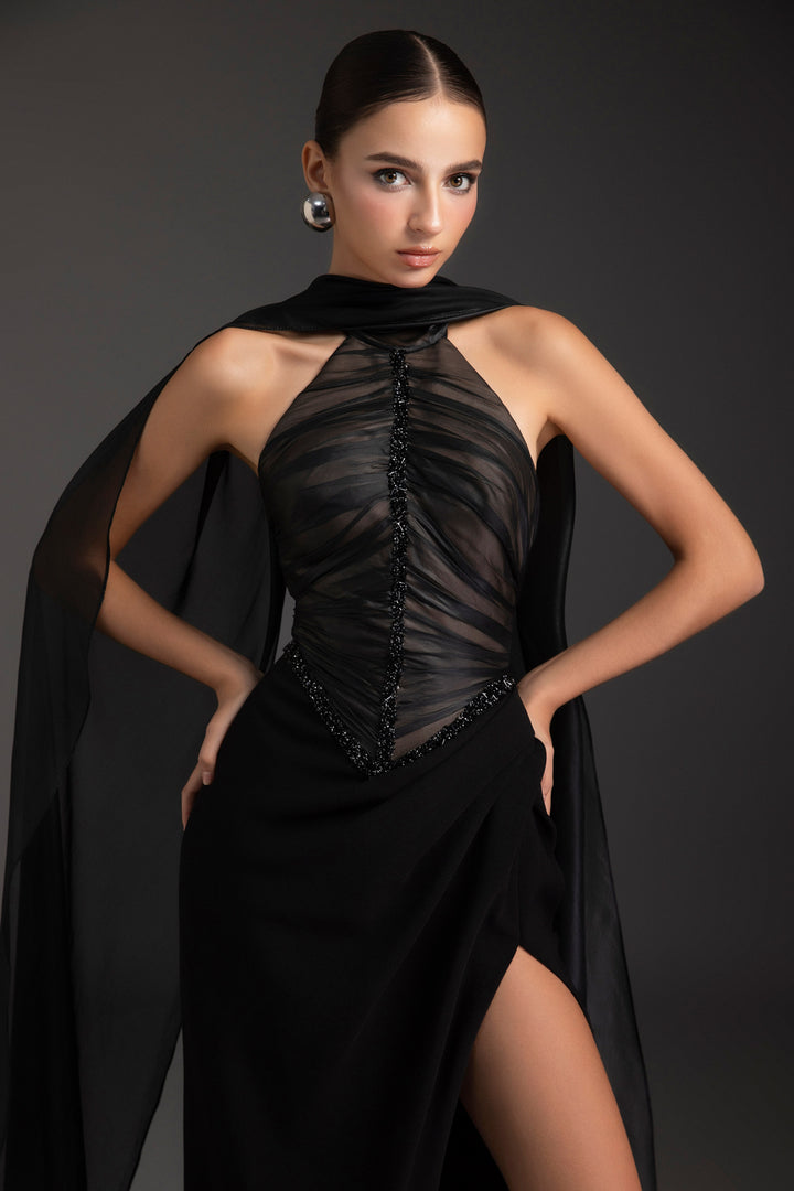 Marleigh Scarf Neck Rhinestone Maxi Dress - MEAN BLVD