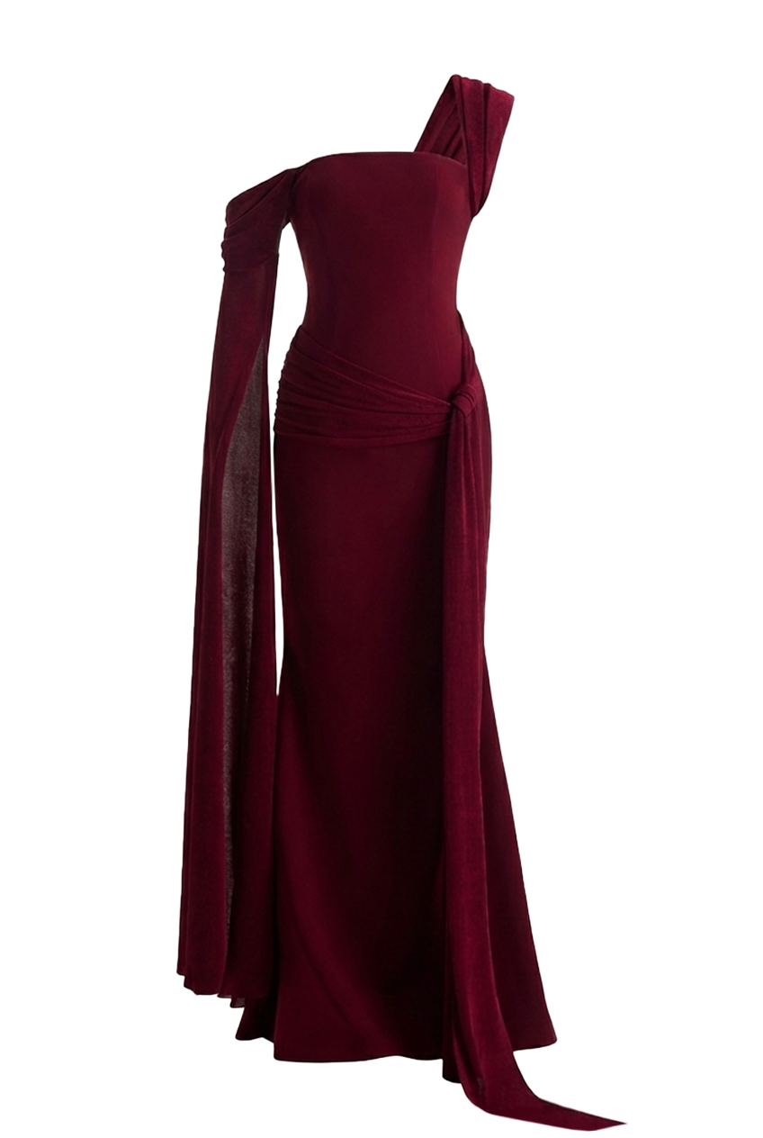 burgundy asymmetrical dress High End | Burgundy Velvet Asymmetric-Neck Midi Dress With Draped Detailing